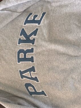 Gray Scoop Neck Sweater with Blue Lettering